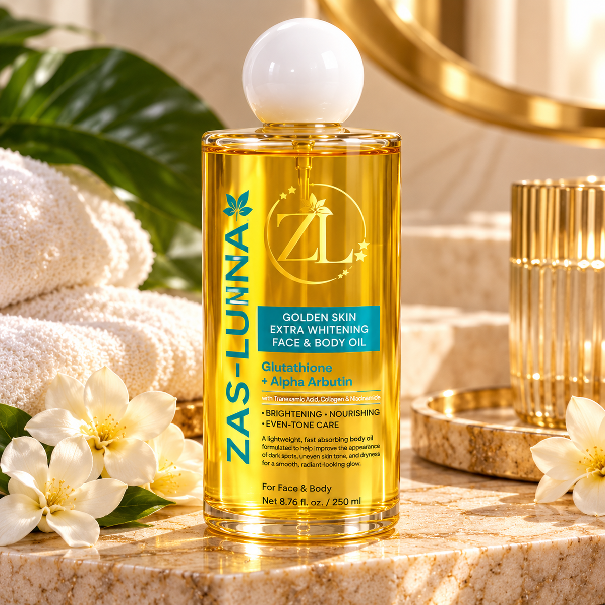 Golden Skin Extra Whitening & Brightening Body Oil – Helps Improve Dark Spots, Hyperpigmentation, Uneven Skin Tone & Dullness – Moisturizing Radiance Oil, 250 mL