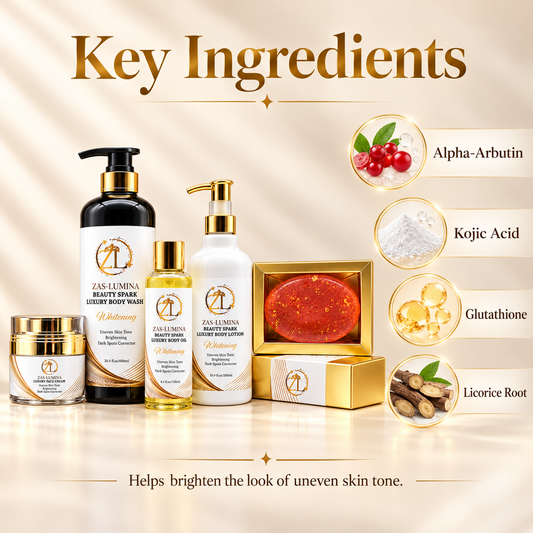 ZAS-LUMINA Beauty Spark 5-Piece Brown Skin Brightening Set – Face & Body Skincare with Glutathione, Kojic Acid, Alpha-Arbutin & Vitamin C for Even Skin Tone, Dark Spots & Radiant Chocolate-Brown Skin
