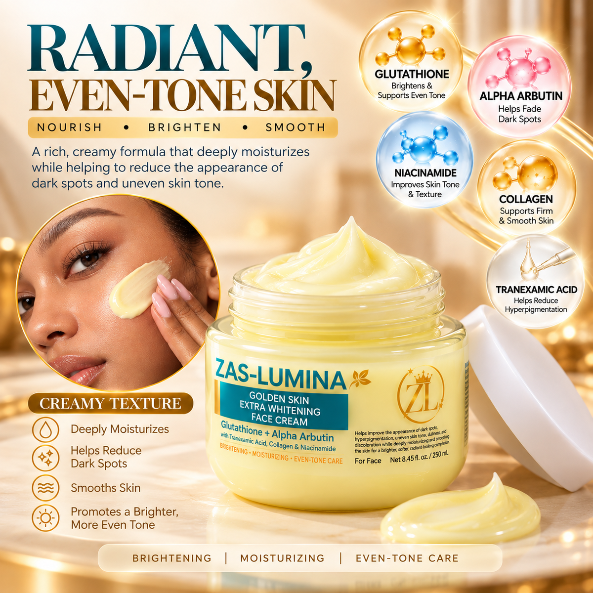 Golden Skin Extra Whitening Face Cream – Intensive Brightening Care for Dark Spots, Hyperpigmentation, Discoloration & Uneven Skin Tone | 250 mL / 8.45 Fl oz