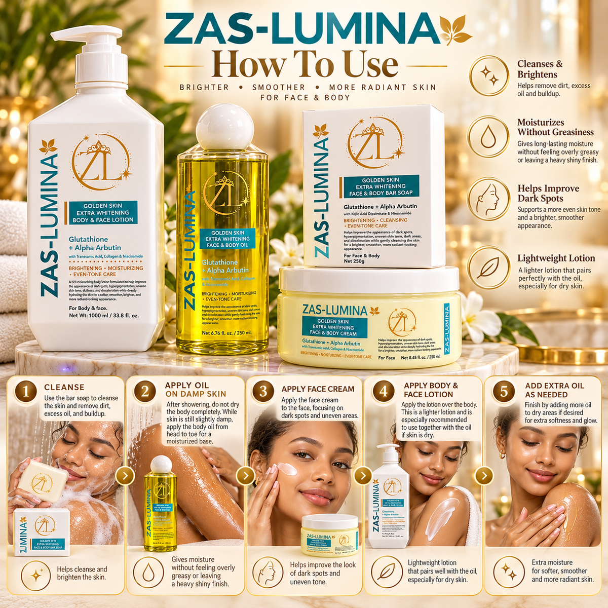 Golden Skin Extra Whitening & Brightening 4-Piece Face & Body Set – Helps Improve Dark Spots, Hyperpigmentation, Discoloration & Uneven Skin Tone for Brighter, Clearer, Radiant Skin | Lotion 33.8 Fl oz, Cream 8.45 Fl oz, Oil 8.45 Fl oz & Soap 8.8 oz
