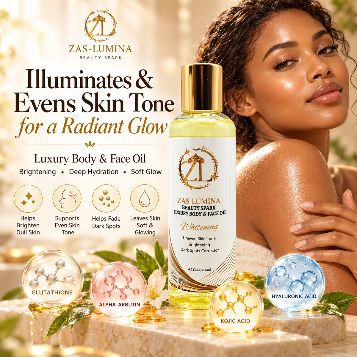 Radiant Glow Face & Body Oil with Glutathione, Vitamin C & Alpha-Arbutin – Brightening & Moisturizing Care for Discoloration, Uneven Tone & Radiant-Looking Skin