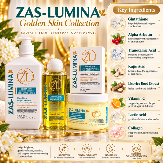 Golden Skin Extra Whitening & Brightening 4-Piece Face & Body Set – Helps Improve Dark Spots, Hyperpigmentation, Discoloration & Uneven Skin Tone for Brighter, Clearer, Radiant Skin | Lotion 33.8 Fl oz, Cream 8.45 Fl oz, Oil 8.45 Fl oz & Soap 8.8 oz
