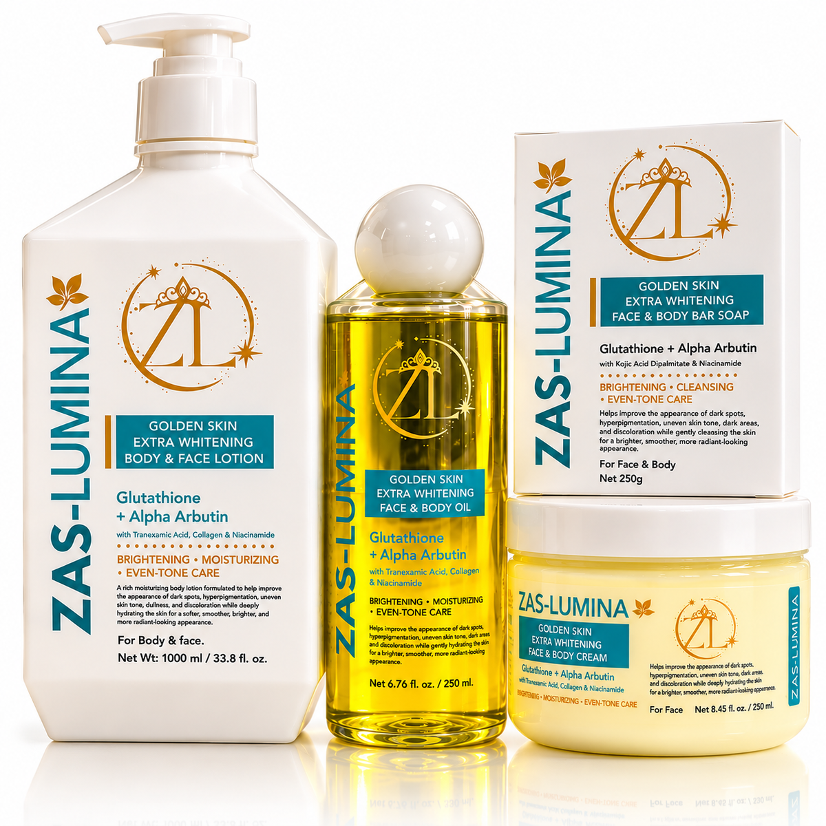 Golden Skin Extra Whitening & Brightening 4-Piece Face & Body Set – Helps Improve Dark Spots, Hyperpigmentation, Discoloration & Uneven Skin Tone for Brighter, Clearer, Radiant Skin | Lotion 33.8 Fl oz, Cream 8.45 Fl oz, Oil 8.45 Fl oz & Soap 8.8 oz