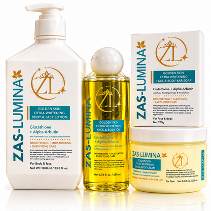 Golden Skin Extra Whitening & Brightening 4-Piece Face & Body Set – Helps Improve Dark Spots, Hyperpigmentation, Discoloration & Uneven Skin Tone for Brighter, Clearer, Radiant Skin | Lotion 33.8 Fl oz, Cream 8.45 Fl oz, Oil 8.45 Fl oz & Soap 8.8 oz