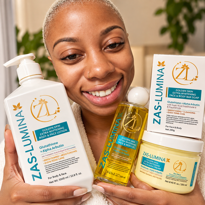 Golden Skin Extra Whitening & Brightening 4-Piece Face & Body Set – Helps Improve Dark Spots, Hyperpigmentation, Discoloration & Uneven Skin Tone for Brighter, Clearer, Radiant Skin | Lotion 33.8 Fl oz, Cream 8.45 Fl oz, Oil 8.45 Fl oz & Soap 8.8 oz