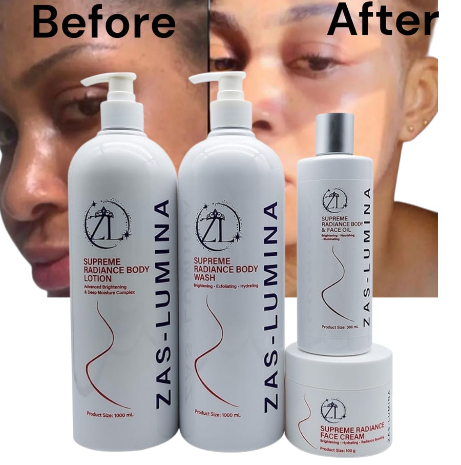 ZAS-LUMINA Supreme Radiant Body Lotion Set – 4-Piece Brightening & Tone-Refining System (Body Lotion 1,000 ml • Body Wash 1,000 ml • Body Oil 300 ml • Face Oil 100 g)