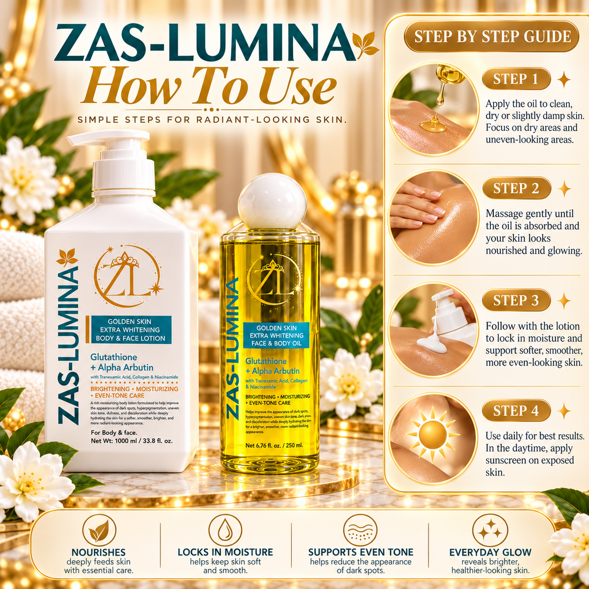 ZAS-LUMINA Golden Skin Extra Whitening Body & Face Lotion + Oil Set – Skin Whitening, Dark Spots, Hyperpigmentation, Discoloration & Uneven Skin Tone – Lotion 1000 mL / 33.8 Fl oz + Oil 250 mL / 8.45 Fl oz