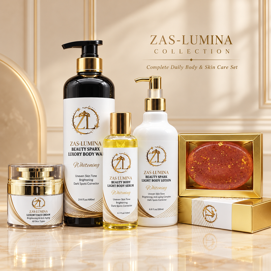 ZAS-LUMINA Beauty Spark 5-Piece Brown Skin Brightening Set – Face & Body Skincare with Glutathione, Kojic Acid, Alpha-Arbutin & Vitamin C for Even Skin Tone, Dark Spots & Radiant Chocolate-Brown Skin