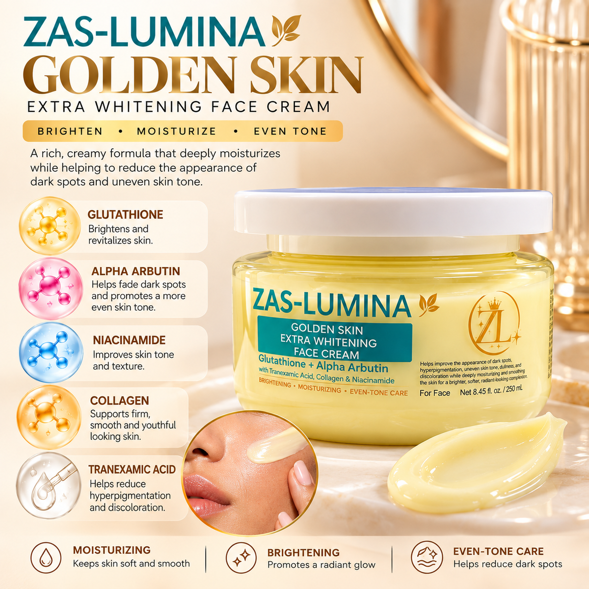 Golden Skin Extra Whitening Face Cream – Intensive Brightening Care for Dark Spots, Hyperpigmentation, Discoloration & Uneven Skin Tone | 250 mL / 8.45 Fl oz