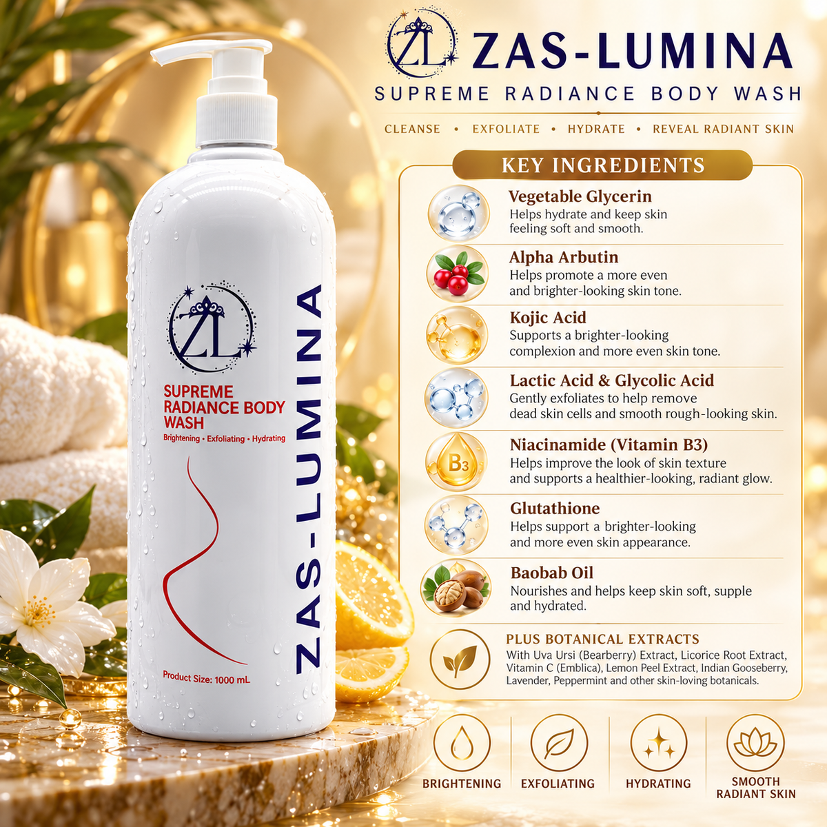 ZAS-LUMINA Supreme Radiance, Whitening Body Wash & Shower Gel – Kojic Acid, Alpha Arbutin, Glycolic & Lactic Acid for Dark Spots, Hyperpigmentation, Discoloration & Uneven Skin Tone – 1000 mL / 33.8 Fl oz