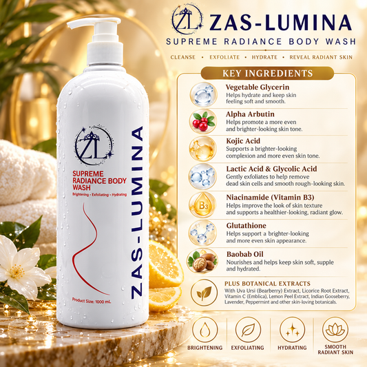 ZAS-LUMINA Supreme Radiance, Whitening Body Wash & Shower Gel – Kojic Acid, Alpha Arbutin, Glycolic & Lactic Acid for Dark Spots, Hyperpigmentation, Discoloration & Uneven Skin Tone – 1000 mL / 33.8 Fl oz