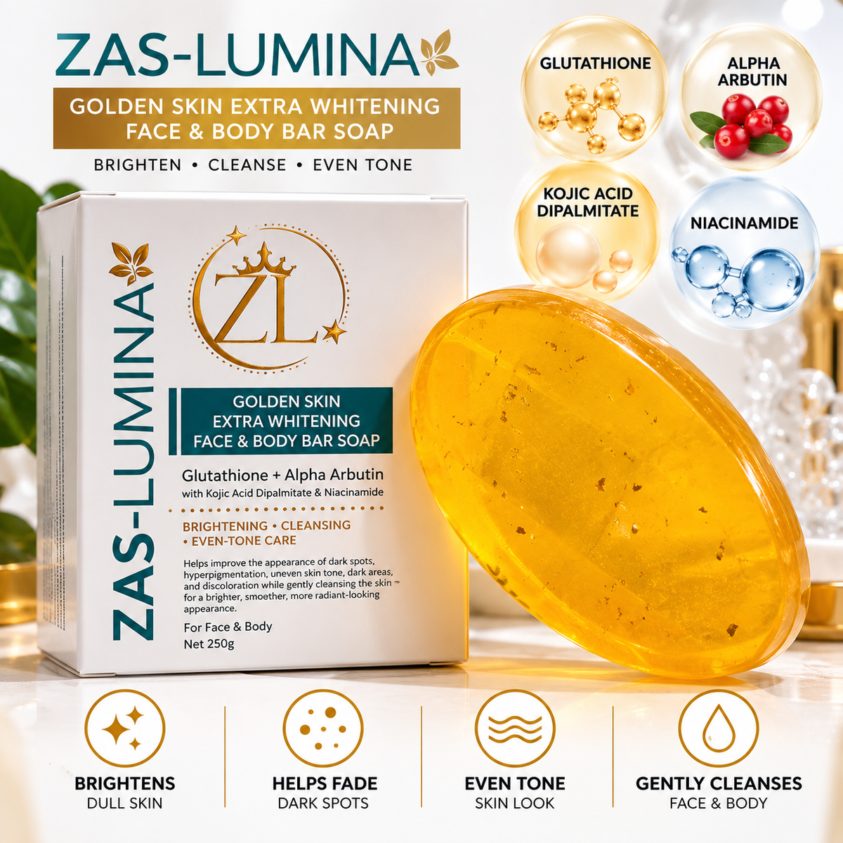 Golden Skin Extra Whitening Face & Body Bar Soap – Deep Cleansing & Brightening Care for Dark Spots, Hyperpigmentation, Discoloration & Uneven Skin Tone, (250g)