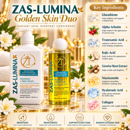 ZAS-LUMINA Golden Skin Extra Whitening Body & Face Lotion + Oil Set – Skin Whitening, Dark Spots, Hyperpigmentation, Discoloration & Uneven Skin Tone – Lotion 1000 mL / 33.8 Fl oz + Oil 250 mL / 8.45 Fl oz
