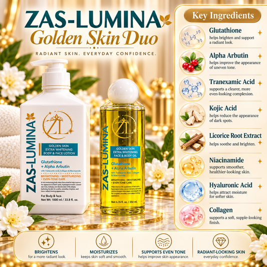 ZAS-LUMINA Golden Skin Extra Whitening Body & Face Lotion + Oil Set – Skin Whitening, Dark Spots, Hyperpigmentation, Discoloration & Uneven Skin Tone – Lotion 1000 mL / 33.8 Fl oz + Oil 250 mL / 8.45 Fl oz