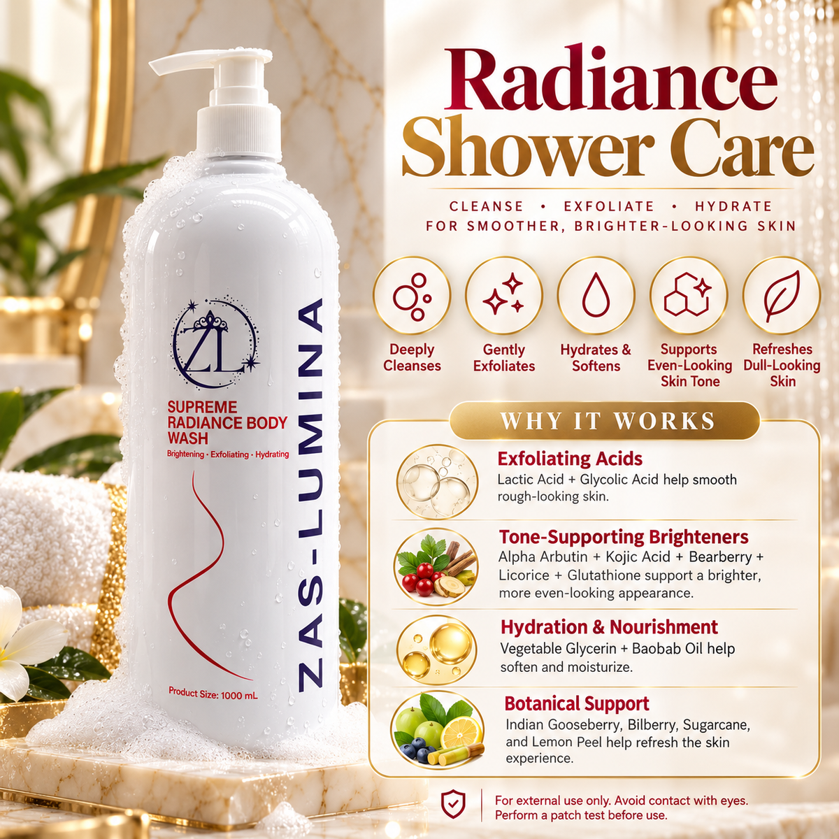 ZAS-LUMINA Supreme Radiance, Whitening Body Wash & Shower Gel – Kojic Acid, Alpha Arbutin, Glycolic & Lactic Acid for Dark Spots, Hyperpigmentation, Discoloration & Uneven Skin Tone – 1000 mL / 33.8 Fl oz