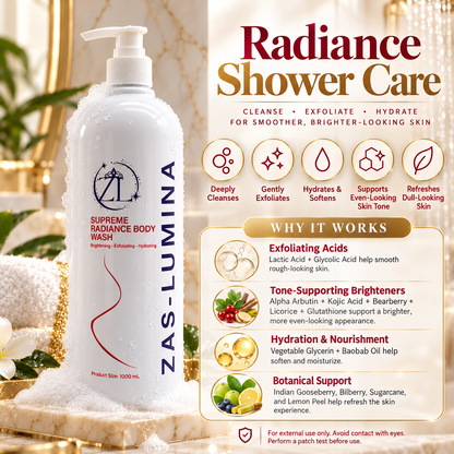 ZAS-LUMINA Supreme Radiance, Whitening Body Wash & Shower Gel – Kojic Acid, Alpha Arbutin, Glycolic & Lactic Acid for Dark Spots, Hyperpigmentation, Discoloration & Uneven Skin Tone – 1000 mL / 33.8 Fl oz