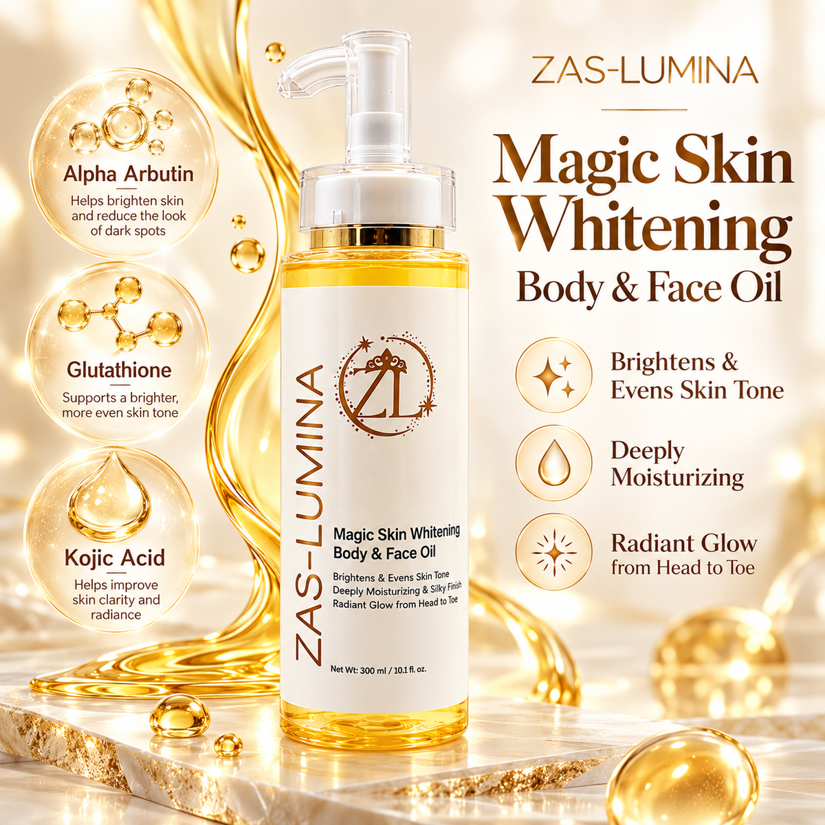 ZAS-LUMINA Magic Skin Glutathione, Kojic Acid & Alpha-Arbutin Face & Body Oil – Brightening Care for Dark Spots, Hyperpigmentation & Uneven Skin Tone