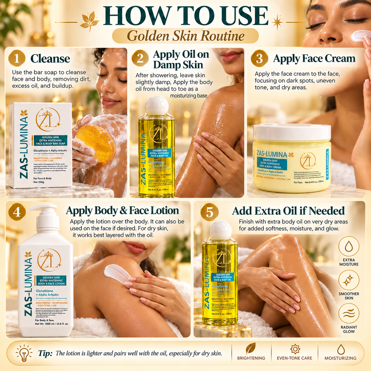 Golden Skin Extra Whitening & Brightening 4-Piece Face & Body Set – Helps Improve Dark Spots, Hyperpigmentation, Discoloration & Uneven Skin Tone for Brighter, Clearer, Radiant Skin | Lotion 33.8 Fl oz, Cream 8.45 Fl oz, Oil 8.45 Fl oz & Soap 8.8 oz