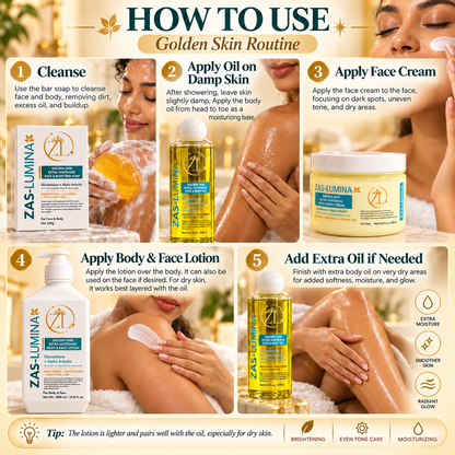 Golden Skin Extra Whitening & Brightening 4-Piece Face & Body Set – Helps Improve Dark Spots, Hyperpigmentation, Discoloration & Uneven Skin Tone for Brighter, Clearer, Radiant Skin | Lotion 33.8 Fl oz, Cream 8.45 Fl oz, Oil 8.45 Fl oz & Soap 8.8 oz