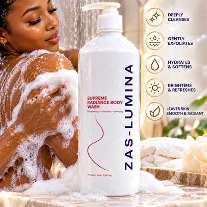 ZAS-LUMINA Supreme Radiance, Whitening Body Wash & Shower Gel – Kojic Acid, Alpha Arbutin, Glycolic & Lactic Acid for Dark Spots, Hyperpigmentation, Discoloration & Uneven Skin Tone – 1000 mL / 33.8 Fl oz