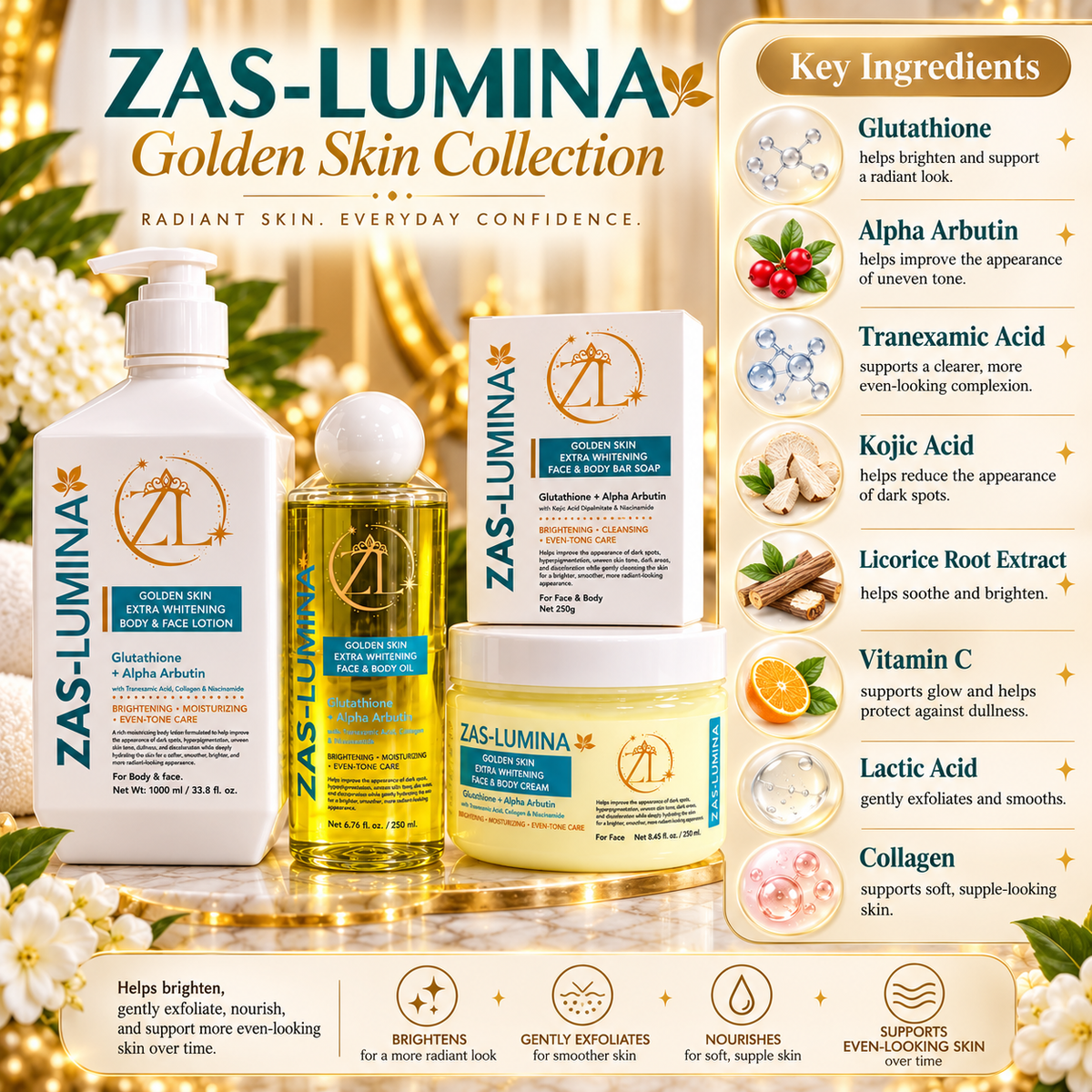 Golden Skin Extra Whitening & Brightening 4-Piece Face & Body Set – Helps Improve Dark Spots, Hyperpigmentation, Discoloration & Uneven Skin Tone for Brighter, Clearer, Radiant Skin | Lotion 33.8 Fl oz, Cream 8.45 Fl oz, Oil 8.45 Fl oz & Soap 8.8 oz