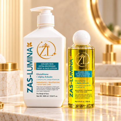 ZAS-LUMINA Golden Skin Extra Whitening Body & Face Lotion + Oil Set – Skin Whitening, Dark Spots, Hyperpigmentation, Discoloration & Uneven Skin Tone – Lotion 1000 mL / 33.8 Fl oz + Oil 250 mL / 8.45 Fl oz