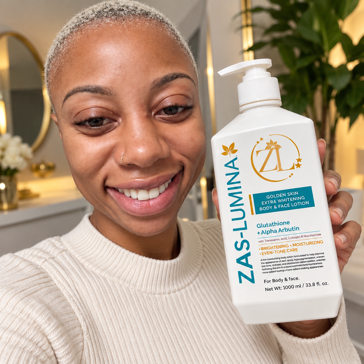 ZAS-LUMINA Golden Skin Extra Whitening Body & Face Lotion + Oil Set – Skin Whitening, Dark Spots, Hyperpigmentation, Discoloration & Uneven Skin Tone – Lotion 1000 mL / 33.8 Fl oz + Oil 250 mL / 8.45 Fl oz